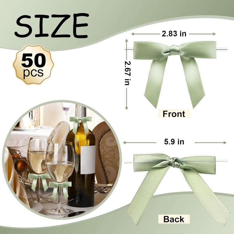 Sokfone Satin Ribbon Light Green Bow Decor 2.5" Premade Light Green Twist Tie Bows for Gift Wrapping Bow for Treat Bags Party Favors Wedding Decorations - 50 Counts - Image 3